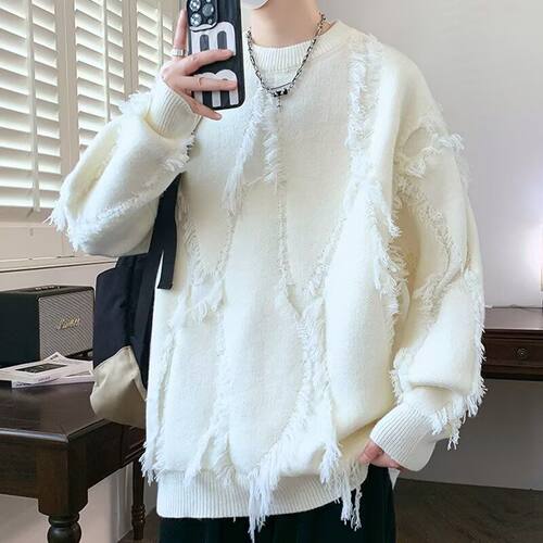 美式流苏白色套头毛衣慵懒针织衫男25春季重磅打底衫cleanfit外套