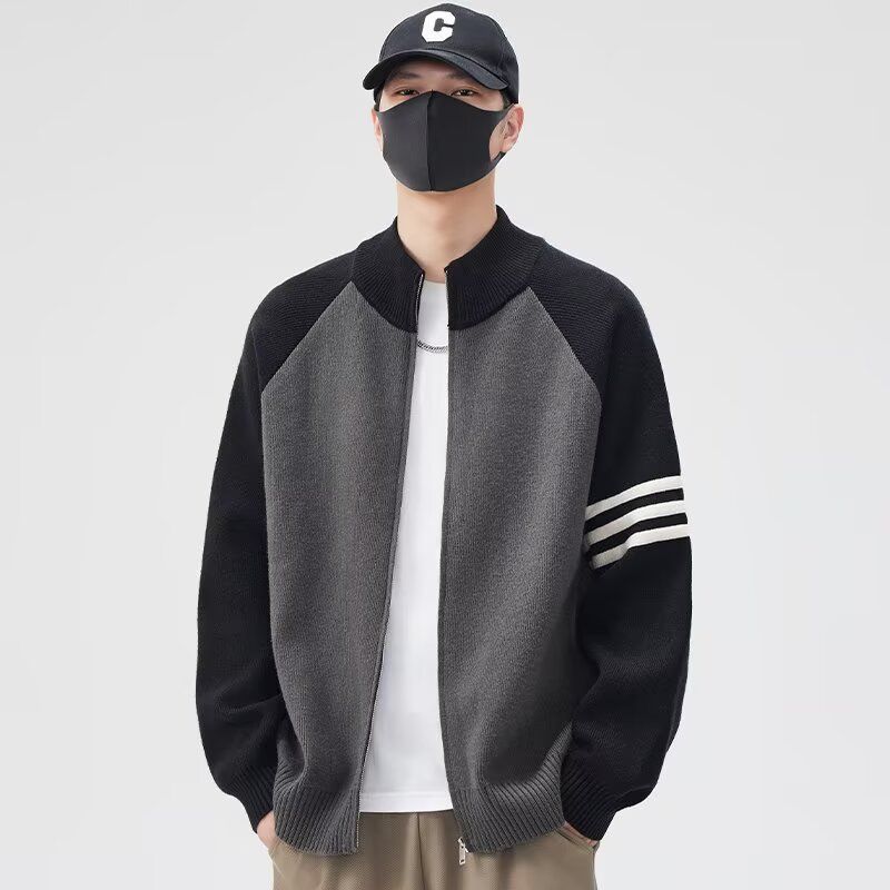 拼色三道杠开衫毛衣男款秋冬美式潮牌情侣装双拉链宽松针织衫外套