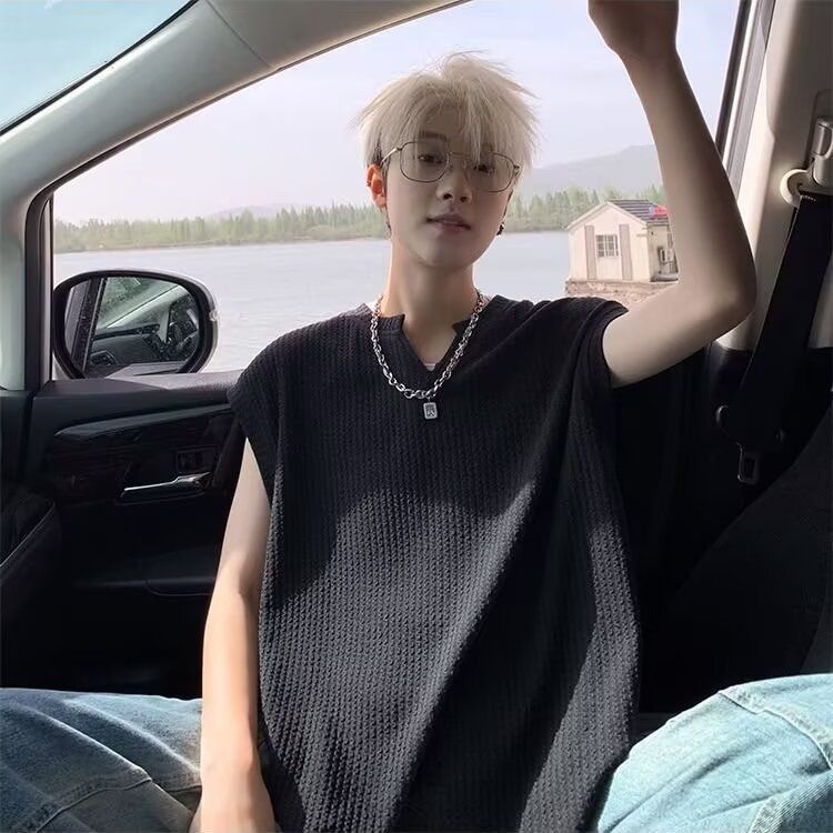 肌理感冰丝v领背心男款夏季薄款宽松大码无袖t恤速干纯色运动坎肩图片