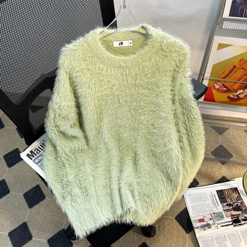 黑色马海毛毛衣男款冬季美式慵懒水貂绒针织衫cleanfit学院风外套