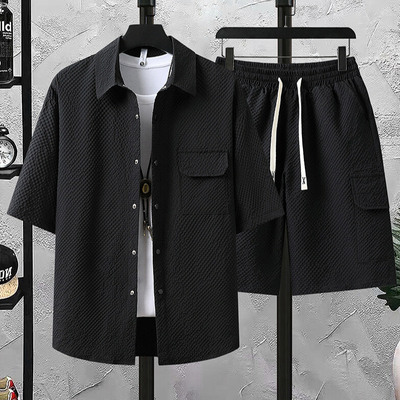 冰丝套装男款七分袖套装夏季2025新款潮流帅气薄款短裤工装两件套