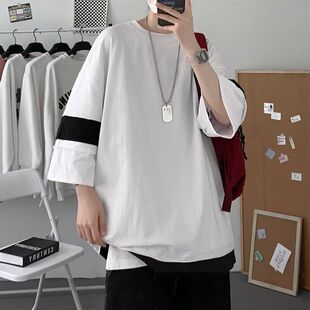 白色七分短袖t恤男潮牌ins欧美高级感上衣服潮流夏季oversize半袖
