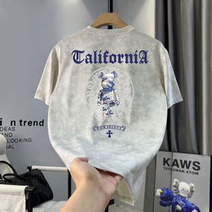 夏季ins潮牌宽松圆领上衣美式痞帅高端重磅扎染短袖T恤青年男女款