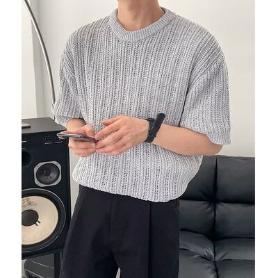 设计感镂空灰色针织短袖T恤男夏季宽松圆领百搭小众透气半袖上衣