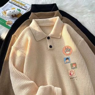 秋冬季 黑色卡通Polo翻领毛衣男款 潮牌加厚线衣外套休闲慵懒针潮流