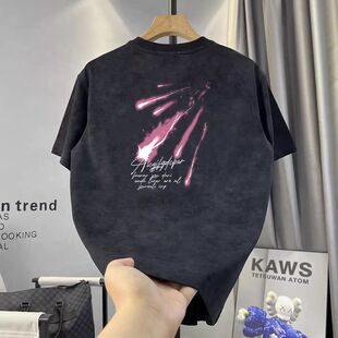夏季薄款短袖t桖男复古雪花色做旧休闲潮牌圆领大码宽松半袖体恤