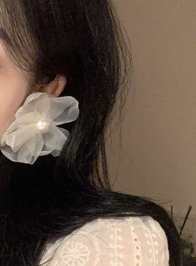 仙气网纱花朵珍珠耳钉不对称高级感女小众设计感夸张气质耳环耳饰