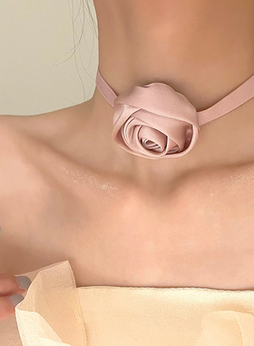 颈间玫瑰 立体手工复古气质玫瑰花系带颈链纯欲风颈饰系脖项链女