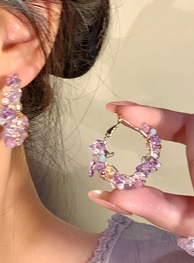 高级感紫水晶耳圈小众独特森系手作耳坠显瘦耳环气质名媛夸张耳饰