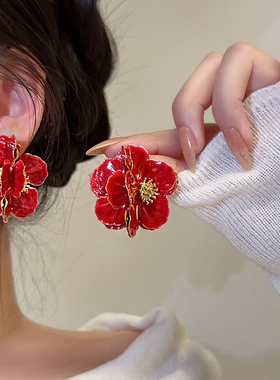 红山茶 法式复古立体滴釉花朵耳饰夸张轻奢高级感设计感仙气耳环