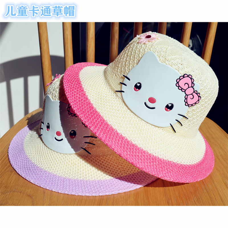 夏儿童kitty猫女童户外游草帽小孩可爱遮阳防晒女童花朵宝宝帽子