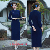 纯色水貂绒长款 旗袍 复古国风中老年女士长袖 大码 旗袍2025秋冬新款