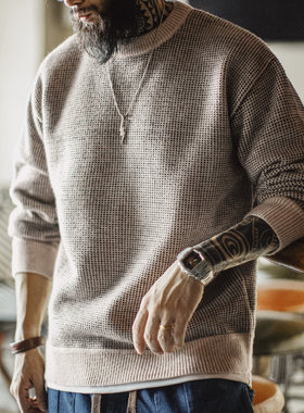 马登工装美式老钱风灰色圆领毛衣套头宽松垂感针织衫保暖外套男春