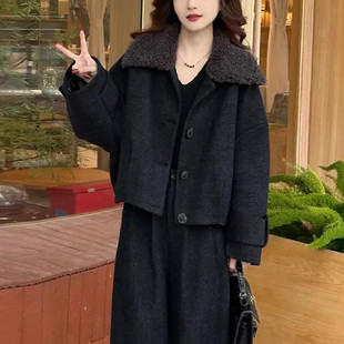 轻奢风翻领毛呢外套阔腿裤两件套女秋冬韩版宽松保暖套装羊羔毛