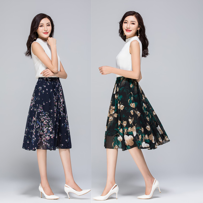 垂感大摆半身裙夏女雪纺短裙中年碎花广场舞花色A字中裙妈妈裙子