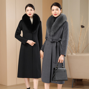双面羊绒大衣高端气质妈妈狐狸毛领毛呢外套羊毛中长款秋冬女外衣