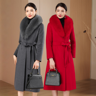 狐狸毛领羊毛大衣灰色毛呢外套高级感中老年秋冬女羊绒收腰呢子衣