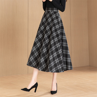 秋冬中长款毛呢半身裙百褶伞裙高腰a字大摆格子显瘦小个子大摆裙