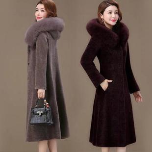 狐狸毛带帽羊绒大衣羊剪绒女颗粒冬皮草中长款妈妈高端羊毛呢外套