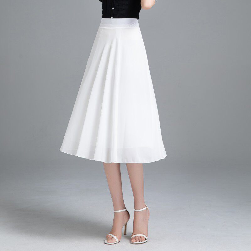 垂感半身裙小个子高腰中长款大摆广场舞裙拉链a字伞裙雪纺纯色裙