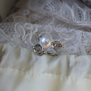 花开童年S925纯银镶钻猪鼻子戒指天然淡水爱迪生珍珠正圆双层指环