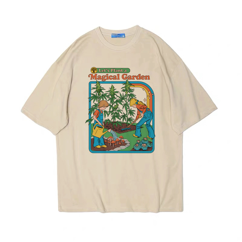 magical garden趣味百搭米色T恤复古男女情侣tshirt宽松纯棉tee