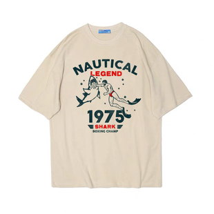 大白鲨1975电影阿美咔叽美式印花复古vintage男女纯棉T恤teeshirt