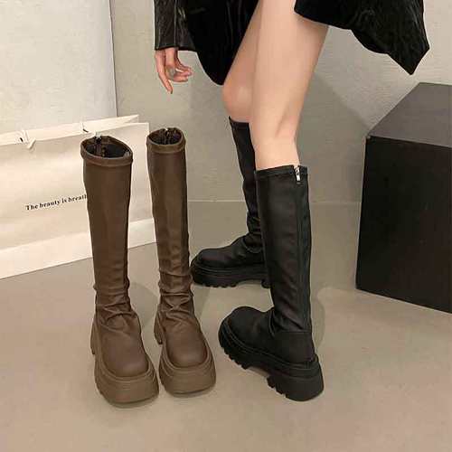 潮牌靴子女2024年秋季新款时尚小个子长筒靴高筒骑士靴棕色瘦瘦靴