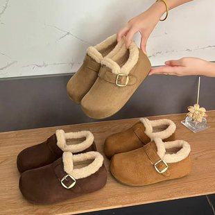 加绒保暖厚底复古磨砂勃肯女鞋全包2025冬季新款内增高雪地靴棉鞋