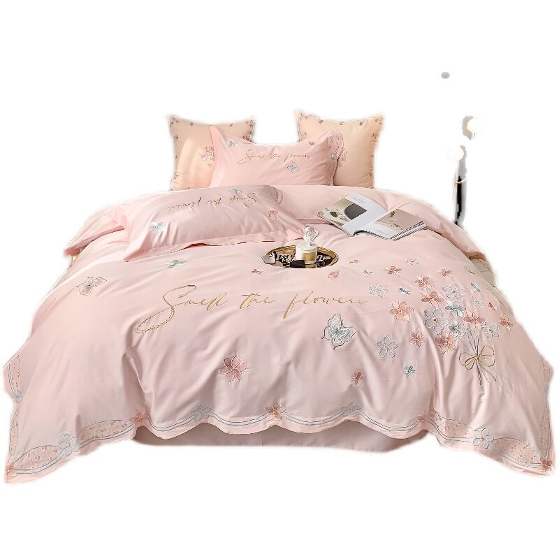 120 LONG-STAPLE COTTON PINK SMALL FRESH WEDDING FOUR-PIECE SET OF COTTON COTTON BUTTERFLY EMBROIDERY WEDDING BEDDING