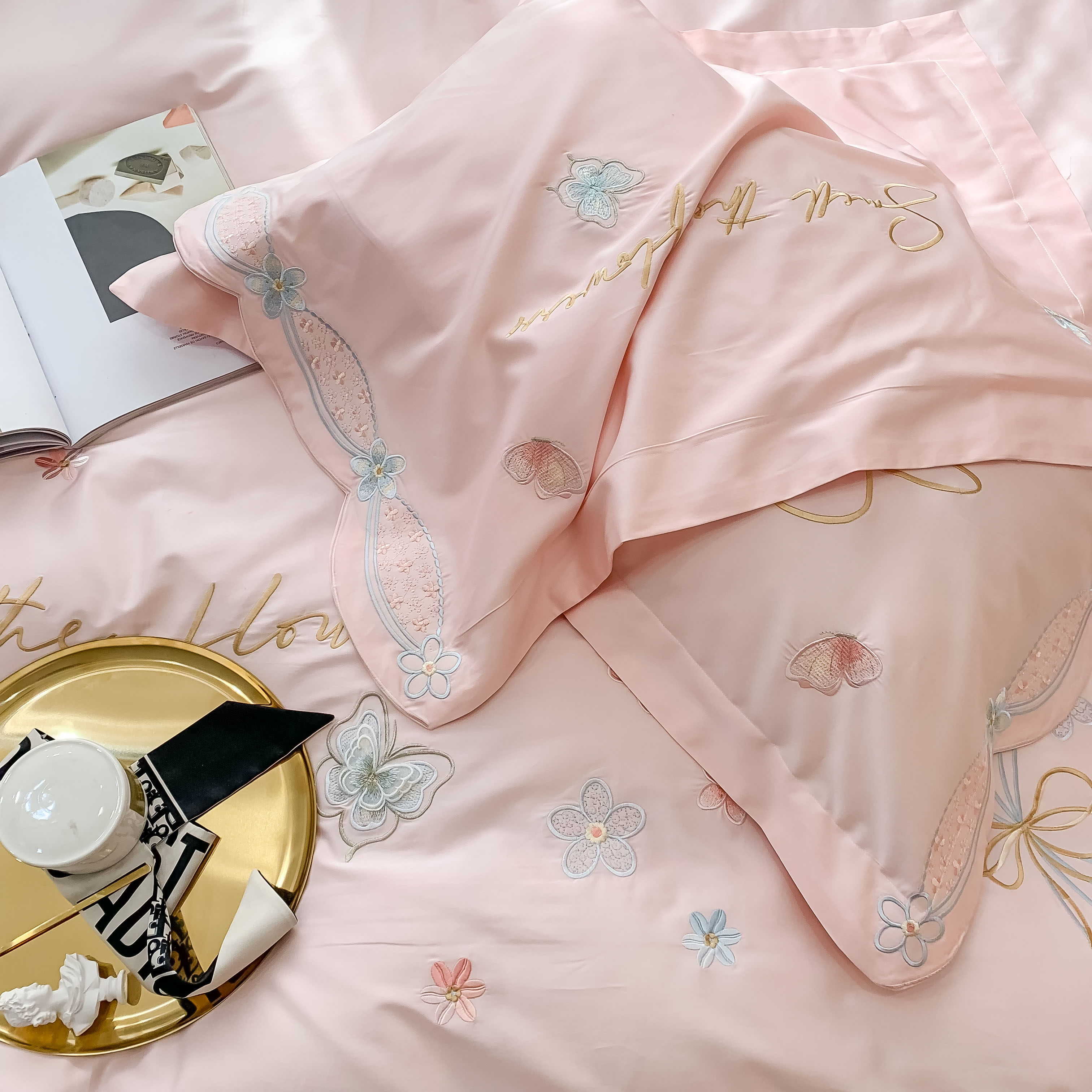 120 LONG-STAPLE COTTON PINK SMALL FRESH WEDDING FOUR-PIECE SET OF COTTON COTTON BUTTERFLY EMBROIDERY WEDDING BEDDING