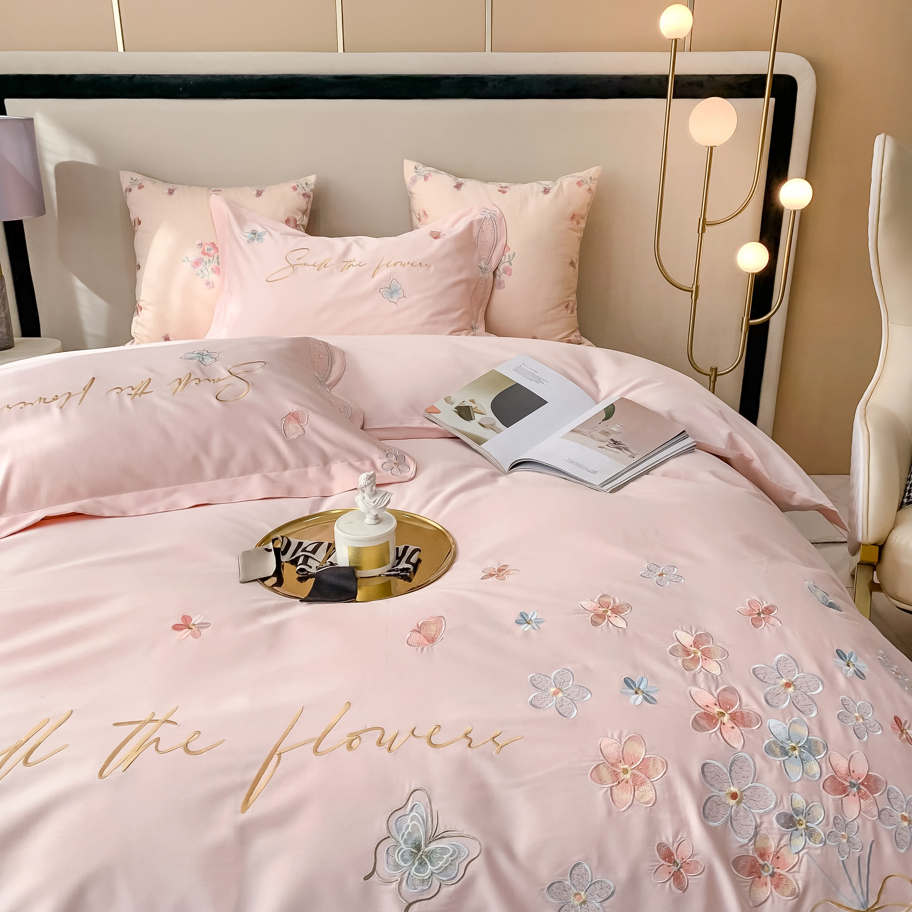 120 LONG-STAPLE COTTON PINK SMALL FRESH WEDDING FOUR-PIECE SET OF COTTON COTTON BUTTERFLY EMBROIDERY WEDDING BEDDING