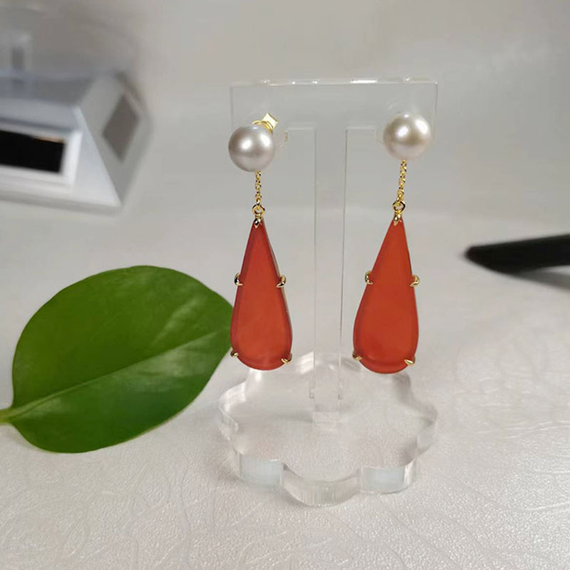 纯银925镶嵌水滴红玛瑙灰珍珠镀18k金两用型新品女气质时尚耳环