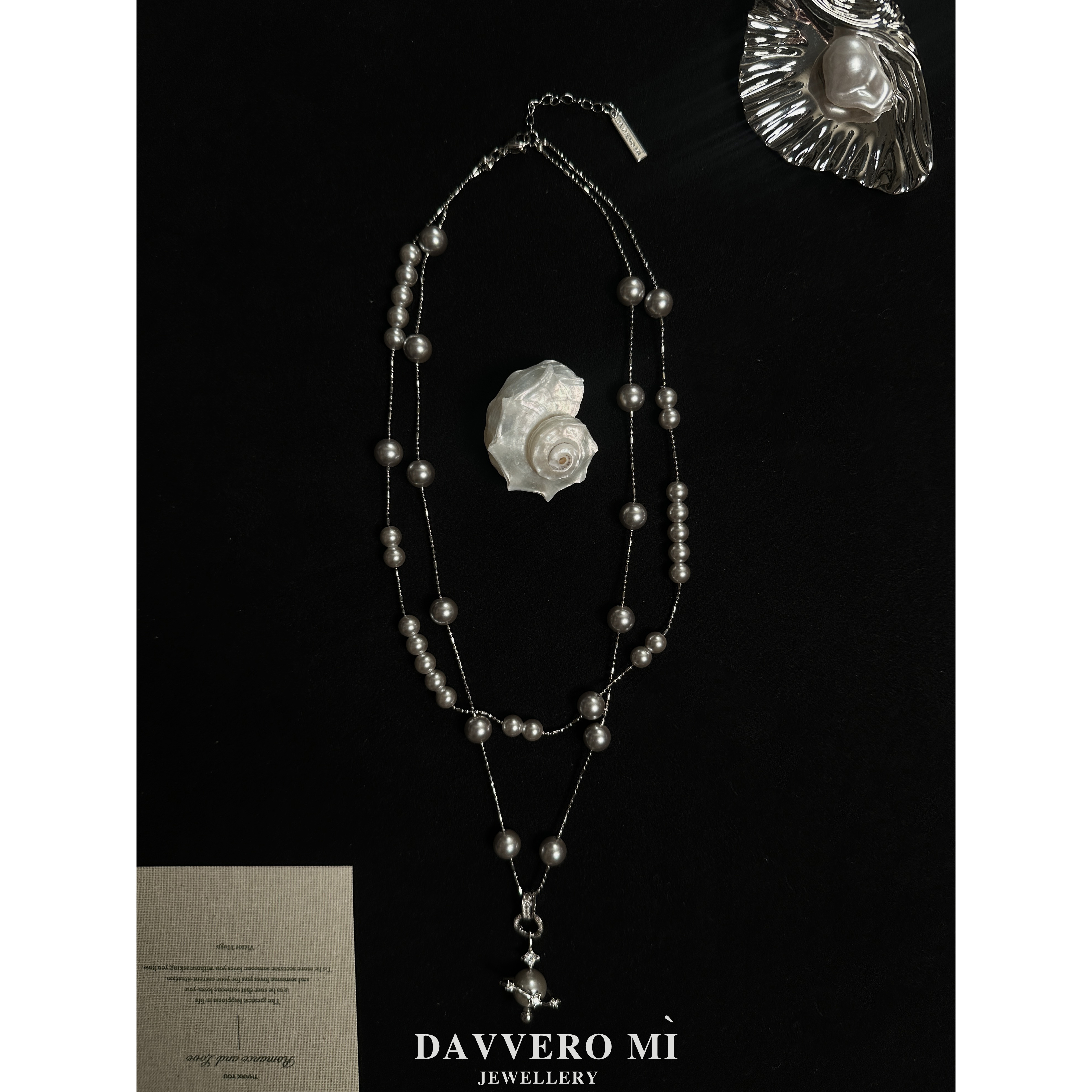 DM_JW  925银星球 满天星灰色珍珠项链长款叠戴毛衣链颈链 女