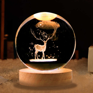 3D雕刻水晶球发光星空灯一鹿有你小夜灯氛围灯送女孩男生生日礼物