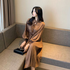 Real shot real price Korean women's dress autumn and winter new versatile lace up skirt Lantern Sleeve Chiffon Floral Dress