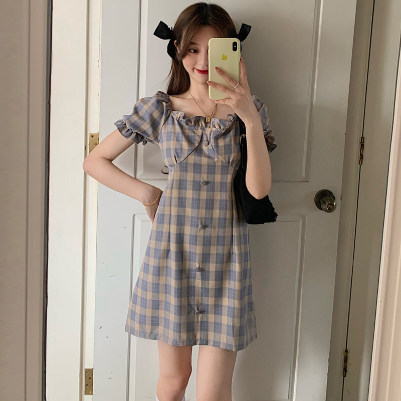 Real price women's dress French high waist word show thin Bubble Sleeve Plaid Skirt air dress