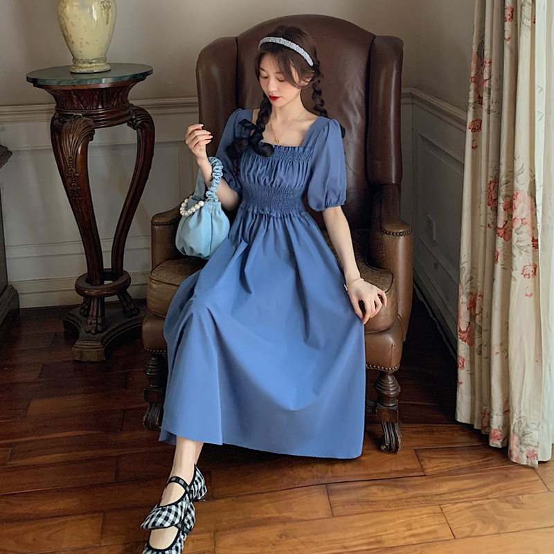 Real price French retro square neck bubble sleeve waist slim mid length blue dress
