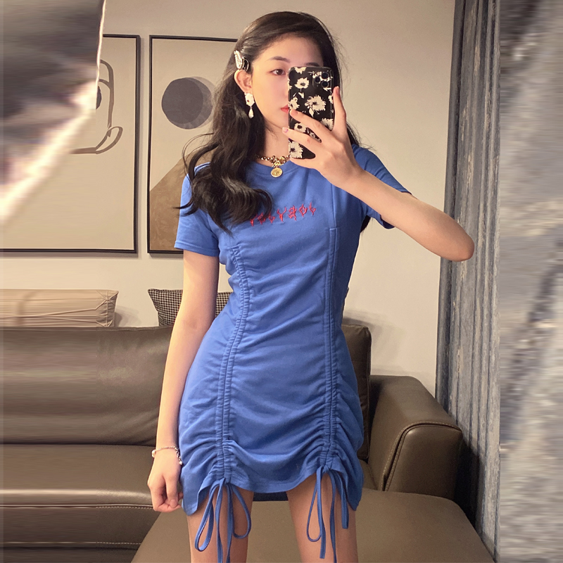 Real price blue drawstring sexy dress design small tea break skirt round neck dress