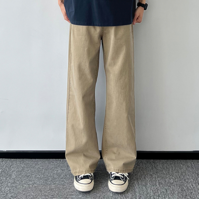 复古卡其色直筒休闲裤男夏季薄款纯棉宽松简约垂感百搭阔腿长裤子