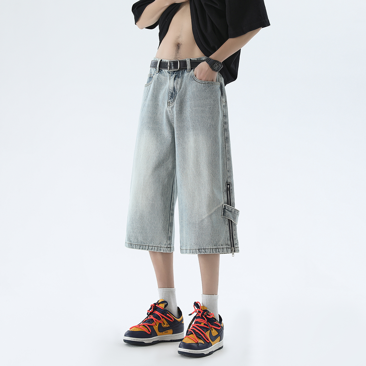 宽松直筒中裤拉链装饰六分裤男D312-KD601-P50，男装休闲裤，电商D312