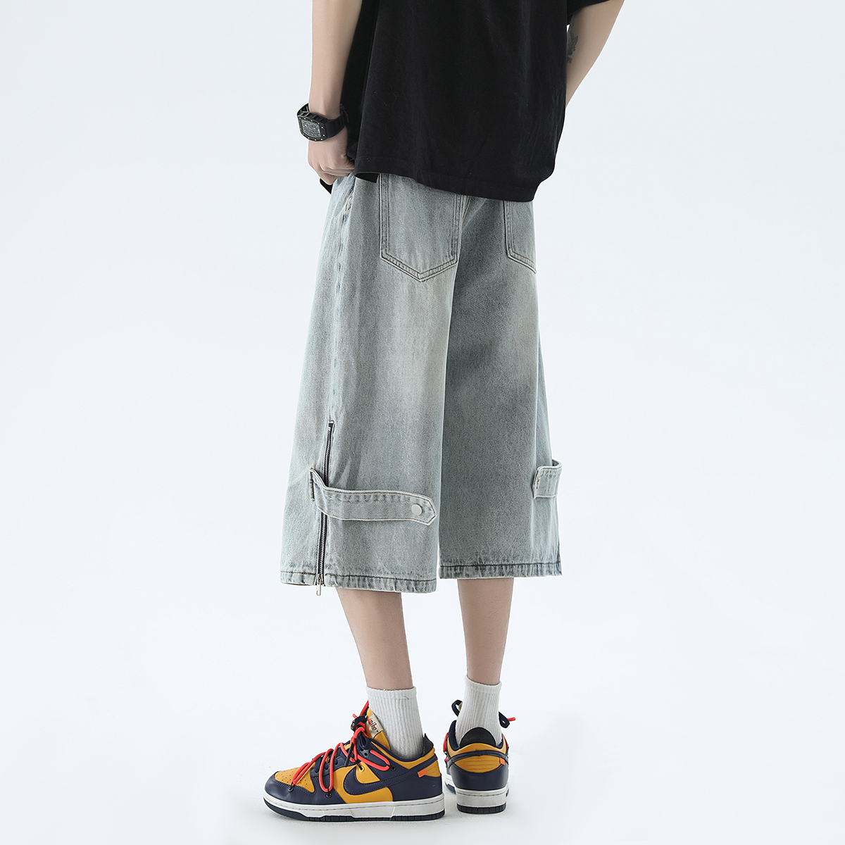 拉链装饰男生牛仔裤六分裤宽松直筒中裤D312-KD601-P50，男装牛仔裤，电商D312