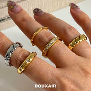 欧美超闪微镶锆戒指18k镀金竹节麻花叠戴食指戒简约个性气质百搭