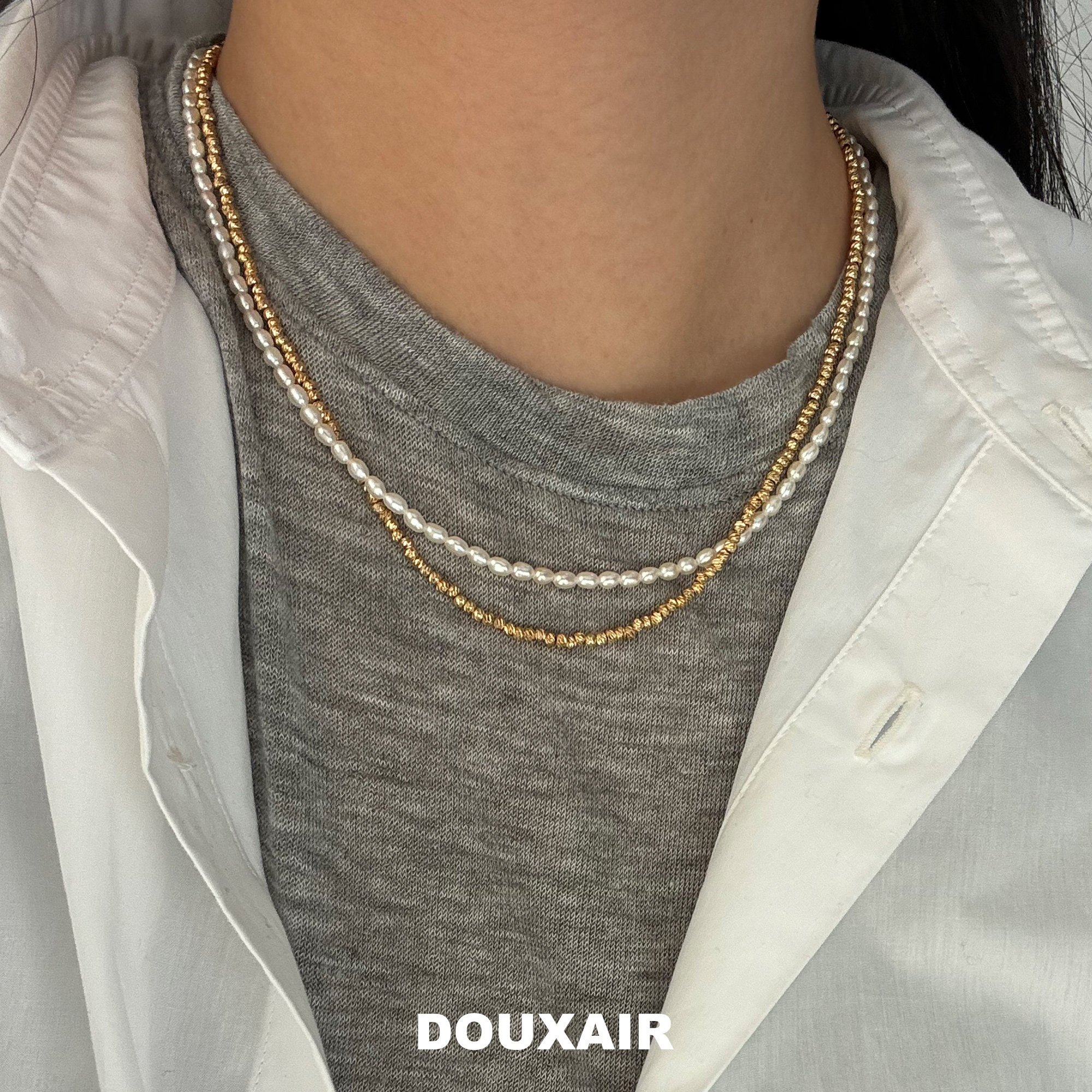 双层淡水珍珠金属项链波光粼粼切面肌理串珠麻花锁骨链女气质百搭