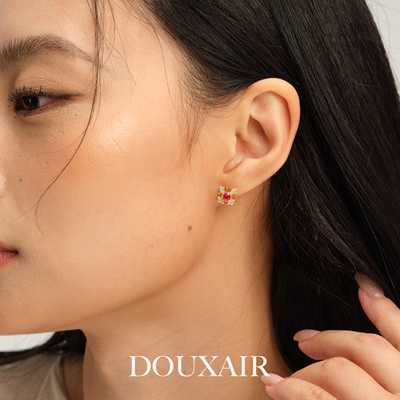 DouxAir鸢尾花红宝石耳钉s925银菱形宫廷风复古耳环女轻奢高级感