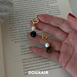 天然巴洛克珍珠耳环不对称黑玛瑙优雅复古耳扣女高级感小众设计