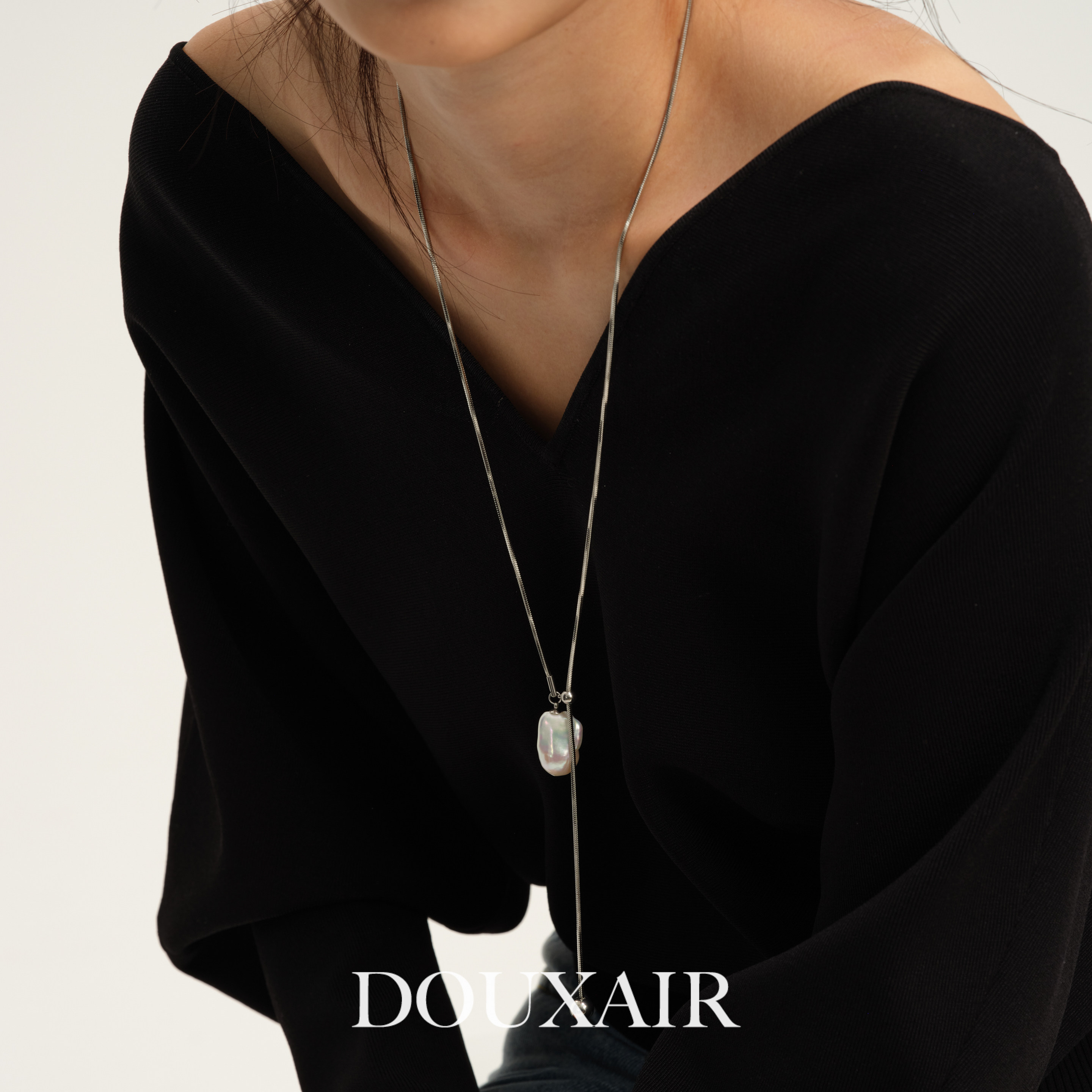 DouxAir天然巴洛克珍珠毛衣链蛇骨链抽拉可调项链轻奢复古高级感