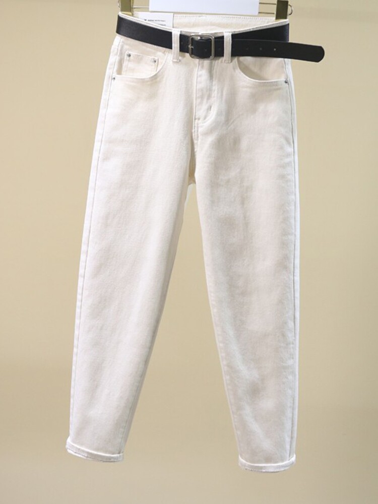 米白色牛仔裤女宽松2023春夏新款高腰弹力休闲哈伦裤韩版萝卜裤子