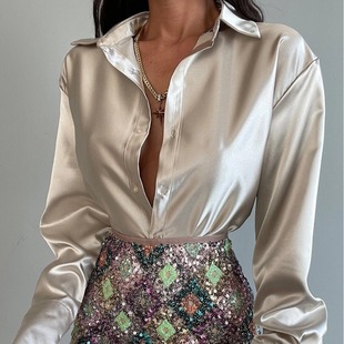 Button style slimming satin shirt for women
