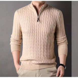Men 毛衣 Winter Pullovers 男针织衫 Sweater 扭花半高领拉链款